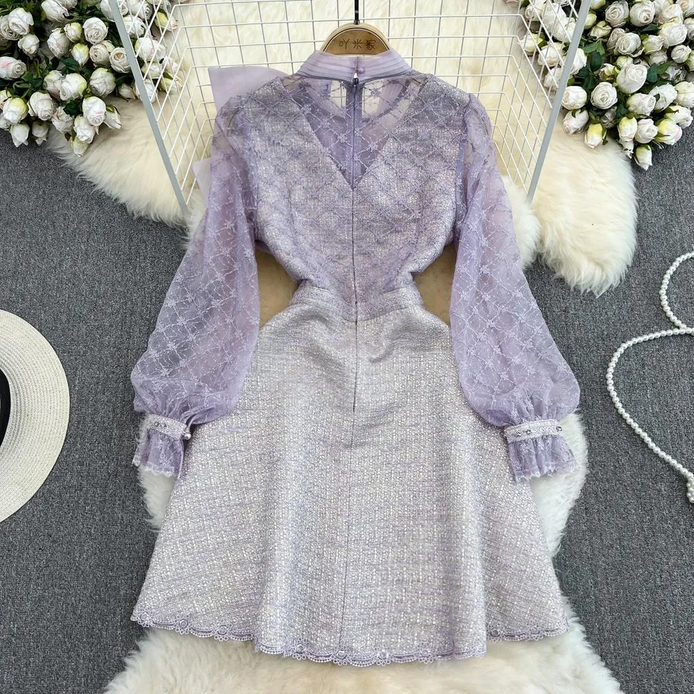 Znbbw Designer Purple Mesh Embroidery Patchwork Beading Tweed Dress Women See Through Long Sleeve Bow Deco Mini Dress