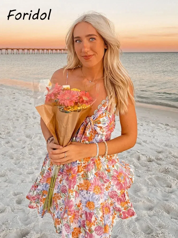 Znbbw Neck Bowknot Floral Print Boho Summer New Dress for Women Adjustable Strap Lace Patchwork Sundress Beach Casual Short Dress