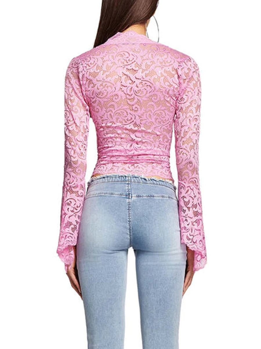 Znbbw Women Flared Sleeve See Through Mesh Long Sleeve Shirts Slim Fit V-Neck Solid Color Party Street T Shirt Top