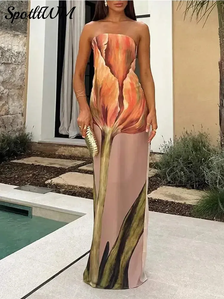 Znbbw Printed Strapless Long Dress For Women Sexy High Waist Back Split Bodycon Dresses 2024 Summer Female Party Vacation Robes