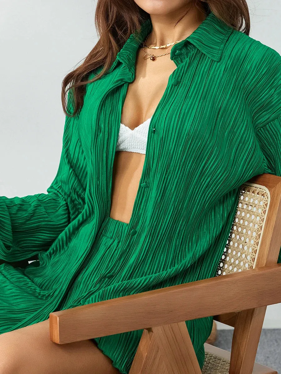 Znbbw Women 2 Piece Pleated Shorts Sets Long Sleeve Button Down Shirt Blouse Shirts Wide Leg Shorts Outfits Y2K Fashion Streetwear