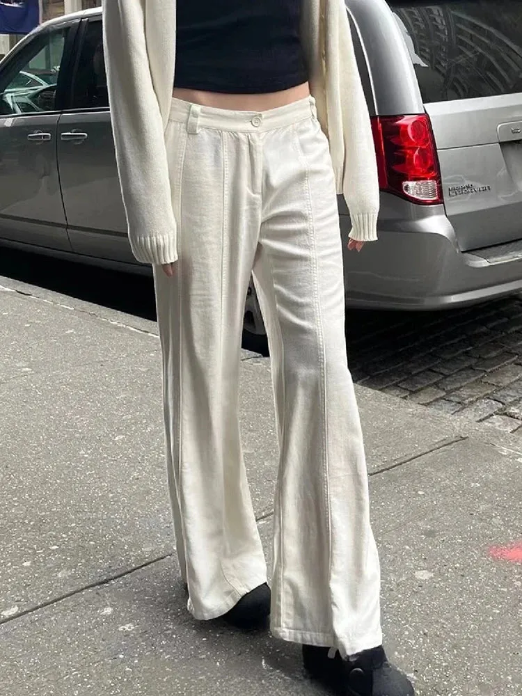Znbbw Beige Casual Flare Pants Women Solid Seams Cotton Linen High Waist Summer Trousers Female Y2k Harajuku Chic Loose Pants