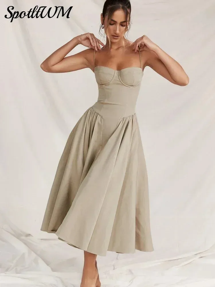 Znbbw Women Elegant Spliced Sling Midi Dress Fashion Sleeveless Backless Pleated Hem Dresses Summer Lady High Waist Party Evening Robe