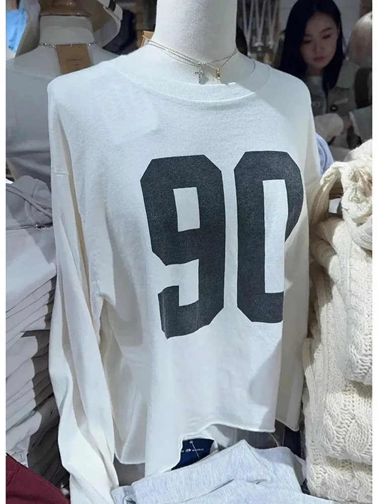 Znbbw Digital Print Loose Long Sleeve T Shirt Women Autumn Cotton O-neck Raw Hem Casual T-shirts Vintage Simple Streetwear Tee Tops