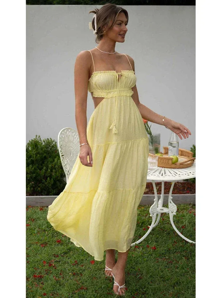 Znbbw Strapless Yellow White Summer Dress for Women Elegant Holiday Beach Boho Maxi Long Sundress Backless Sexy Party Vestidos