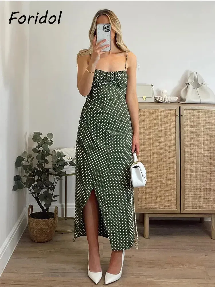 Znbbw Tie Up Polka Dot Green Sundress for Women 2024 Ruched Beach Slit Maxi Dress Green Zip Sleeveless Boho Long Vestidos
