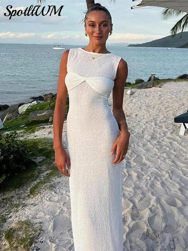 Znbbw Solid Knot O Neck Knitted Long Dresses Women Sexy Sleeveless Slim Fit Maxi Dress Female Party Beachwear Casual Vestidos