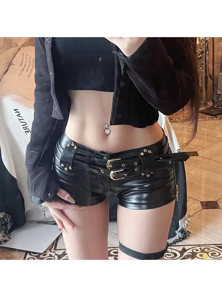 Znbbw Women Black Gothic Leather Shorts Vintage Low Waist A-line Mini Shorts Y2k Harajuku Korean Short Pants Trashy Emo 2000s Clothes
