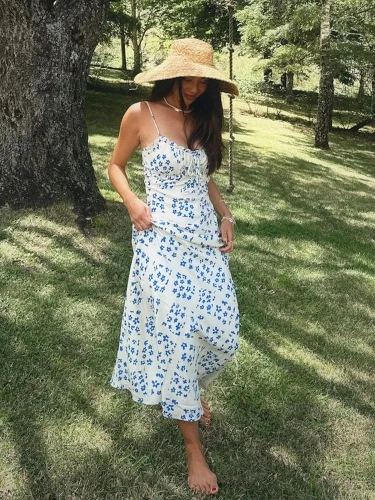 Znbbw Ruffles Straight Elegant Women's Dress Summer Printed Boho Beach Maxi Dress Spaghetti Strap Floral Blue Sundress 2024