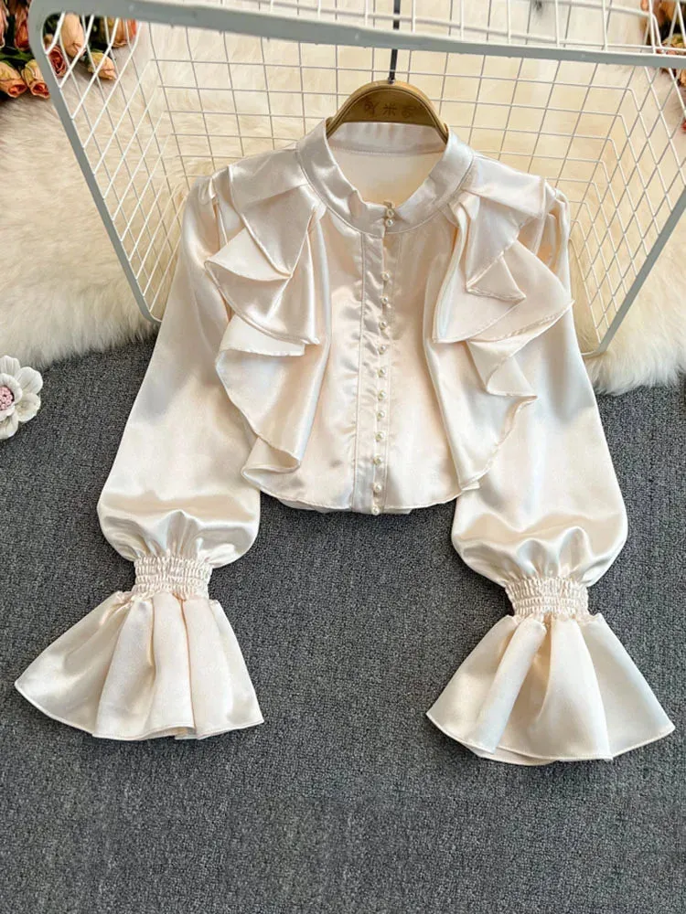 Znbbw Women New Spring Autumn Ruffled O-Neck Embroidered Flares Blouses Buttoned Ladies Temperament Trumpet Sleeves Shirt Tops D0489