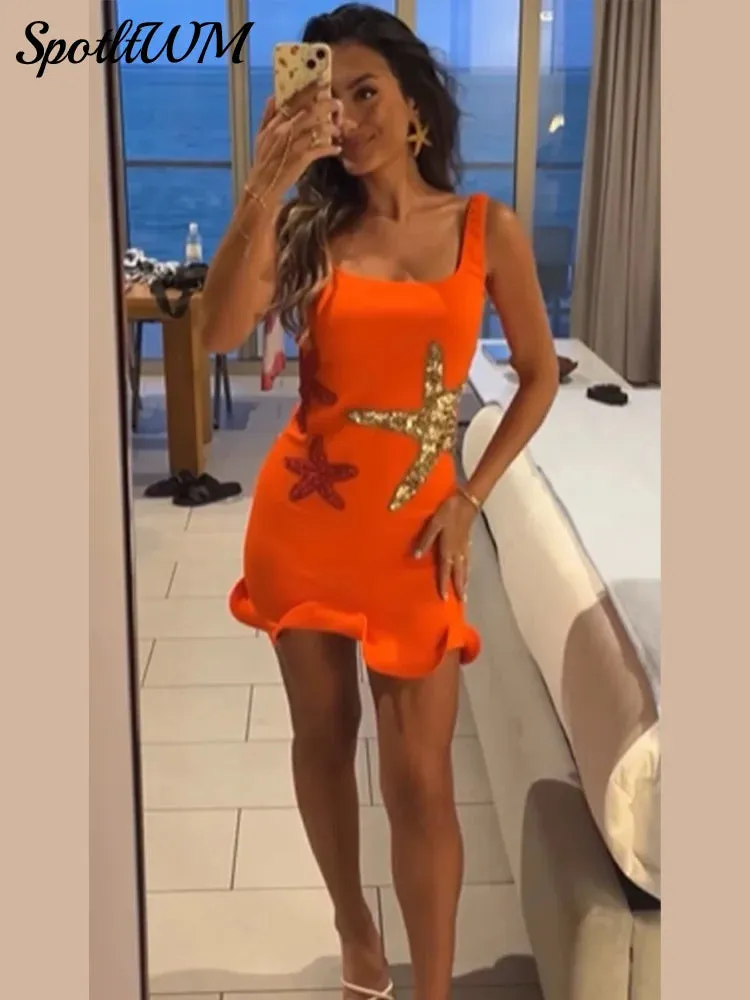 Znbbw Elegant Shiny Bodycon Short Dress Women Square Neck Sleeveless Backless Holiday Dresses Female Summer Beach Party Vestidos