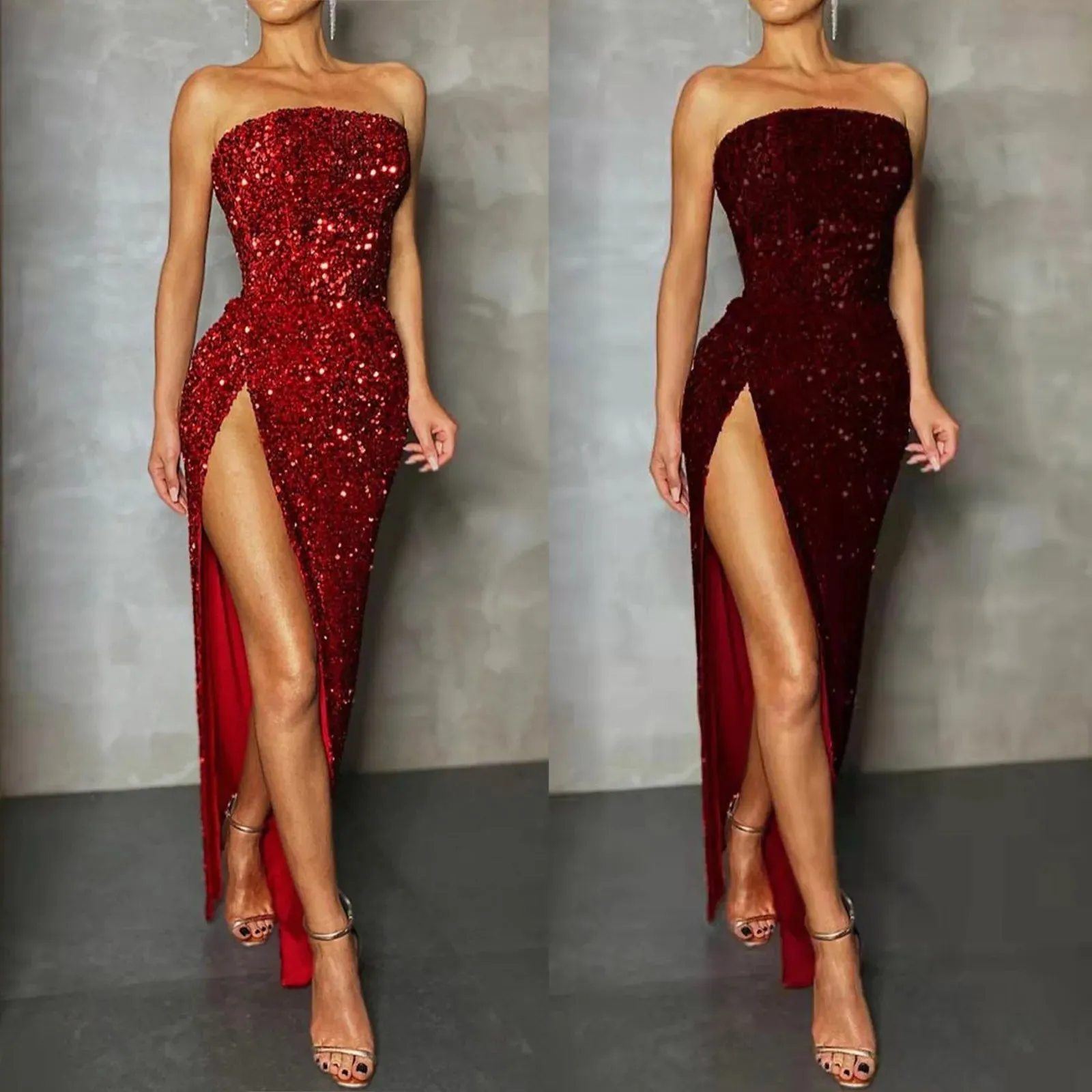 Znbbw Sequin Strapless Evening Dress Women 2024 Spring Sexy Red High Slit Dresses Elegant Dress Women Party Club Dress Women