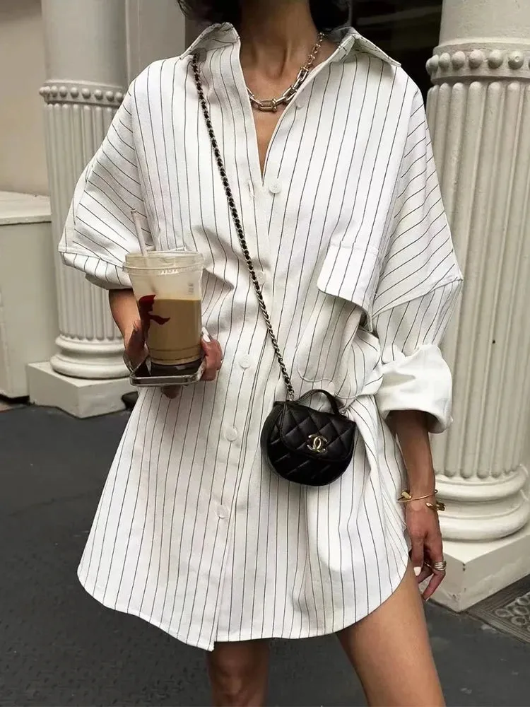 Znbbw White Stripe Shirt Dress Women Autumn Spring Slit Casual Oversize Single Breasted Turn Down Collar Short Summer Dress