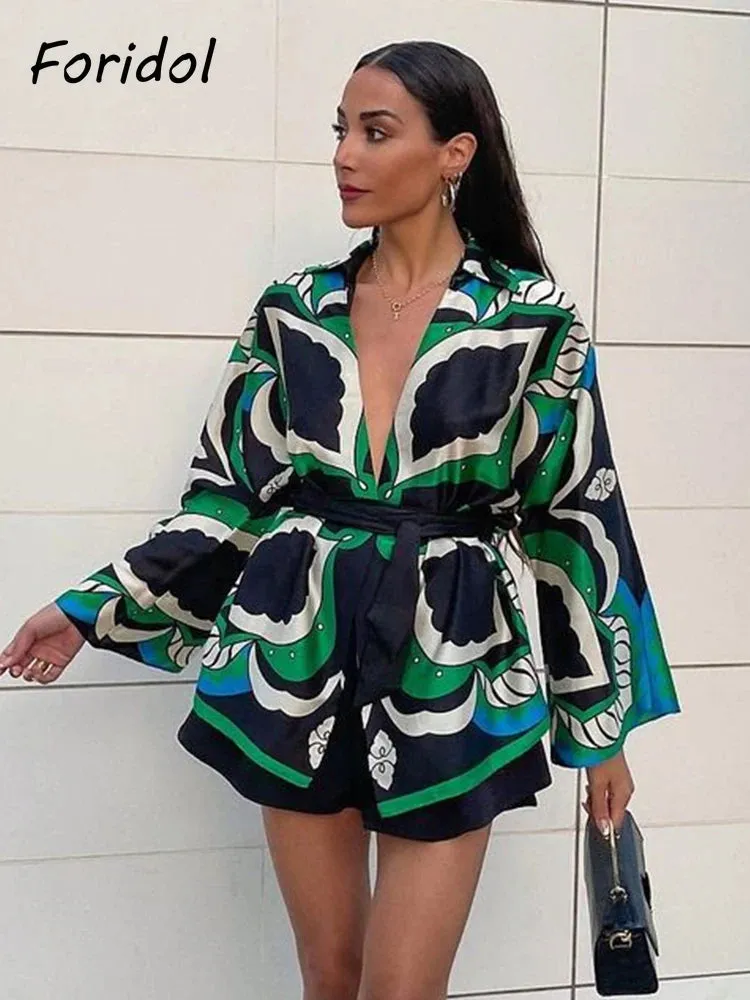 Znbbw Oversized Green Print Boho Women Shorts Sets Shirts Shorts Pants Three Pieces Fashion Suits Matching Sets 2024 Summer