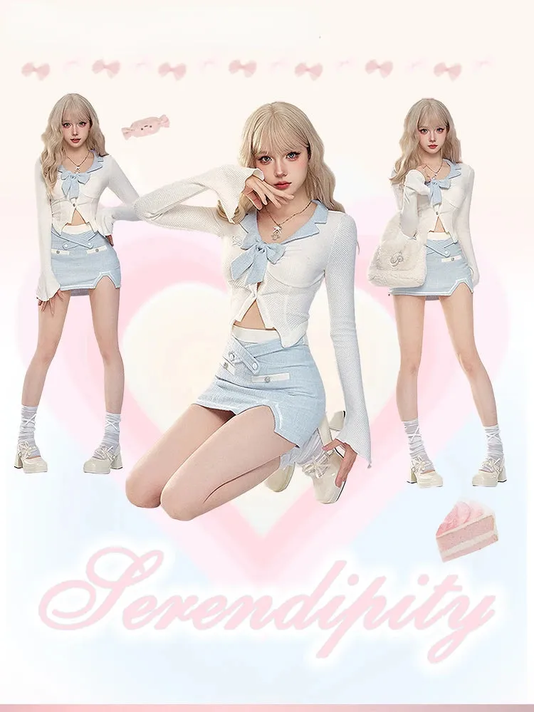 Znbbw Blue Kawaii Lolita Two Piece Skirt Set Women Bow Long Sleeve Sweet Y2k Suit Female Korean Fashion Designer Sweet Set 2024