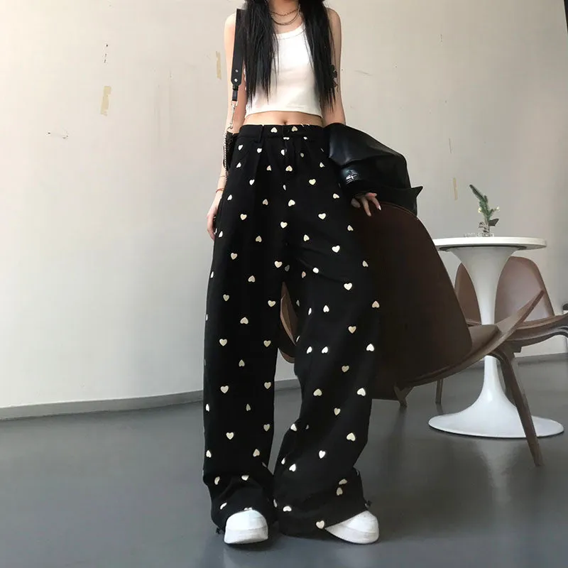 znbbw Pants Women Heart Print Retro Lovely Autumn Loose Fashion Feminine Basic High Waist Street Style Harajuku Mopping Trouser