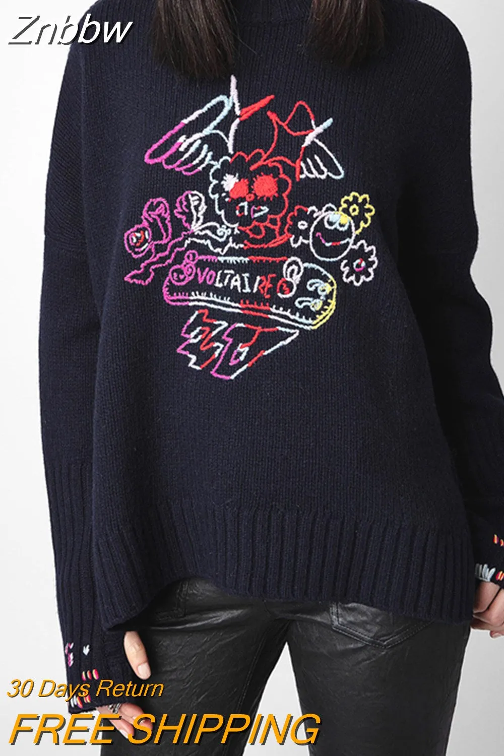Znbbw Embroidery Sweater Women 2023 Autumn Winter Round Neck Wool Fashion Pullover Casual Streetwear Sweaters Jumpers Female