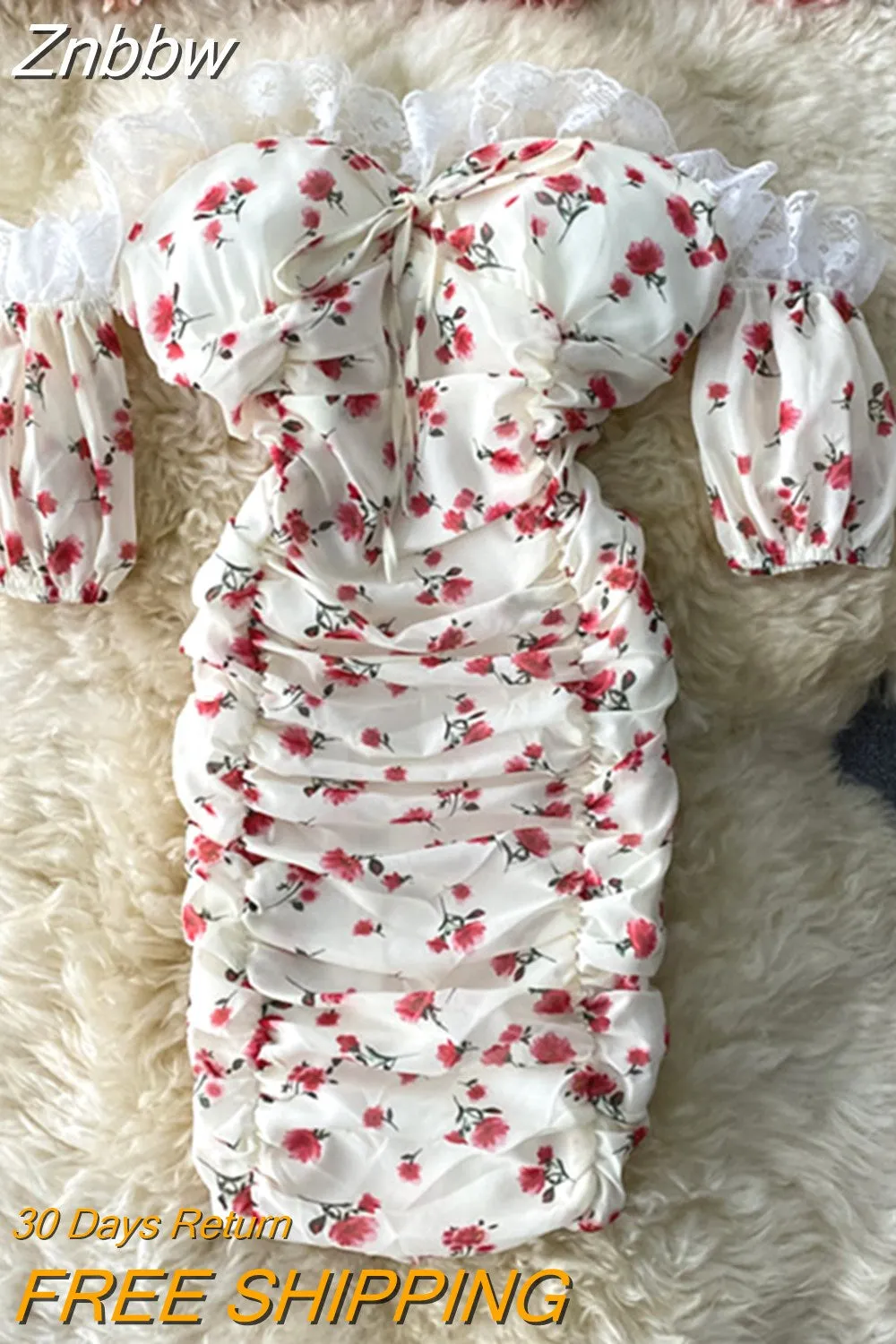 Znbbw Summer New French Dress Off-shoulder Sexy Open Back Folds Hip Slim Floral Short Vestidos Women Vestidos De Mujer UK429