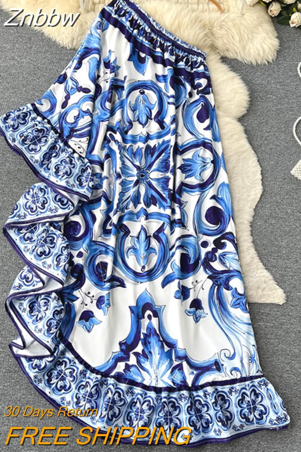 Znbbw New Summer Designer Bohemian Asymmetry Long Dress Women's Off Cool Shoulder Blue And White Porcelain Ruffled Hem Loose Robe