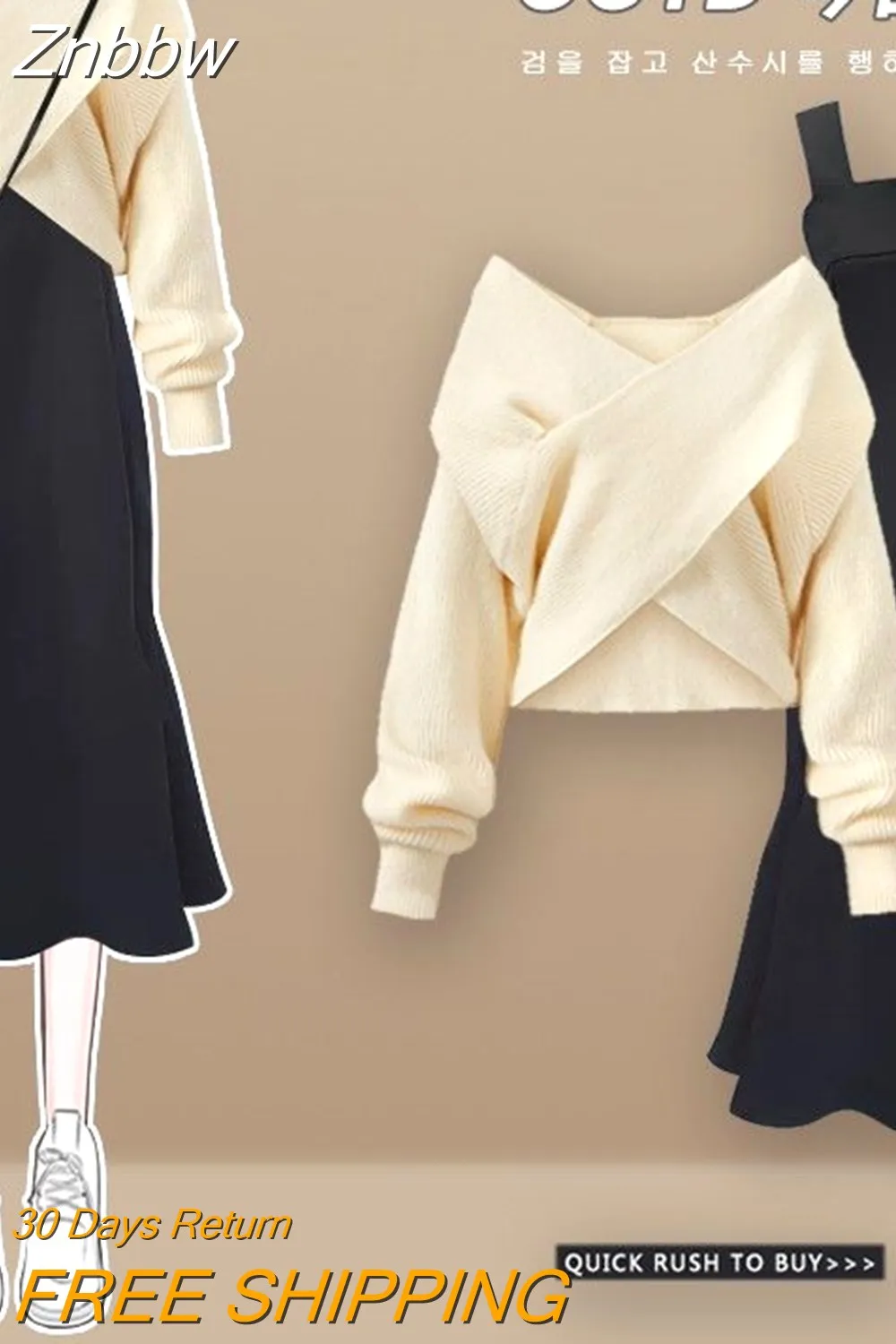 Znbbw Fall Winter Thickened Knit Sweater Pullover Slim Sling Dress Two-piece Elegant Women's Set Outfit