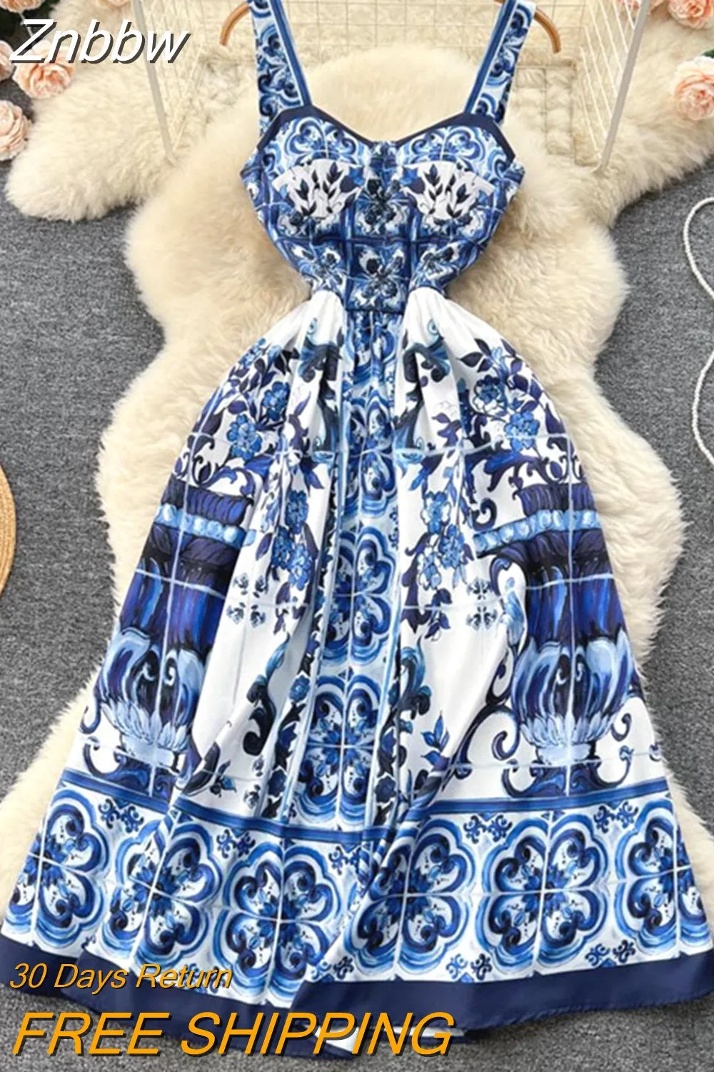 Znbbw Summer Fashion Designer Midi Dress Women's Spaghetti Strap Blue and White Porcelain Printing Holiday Vacation Dresses