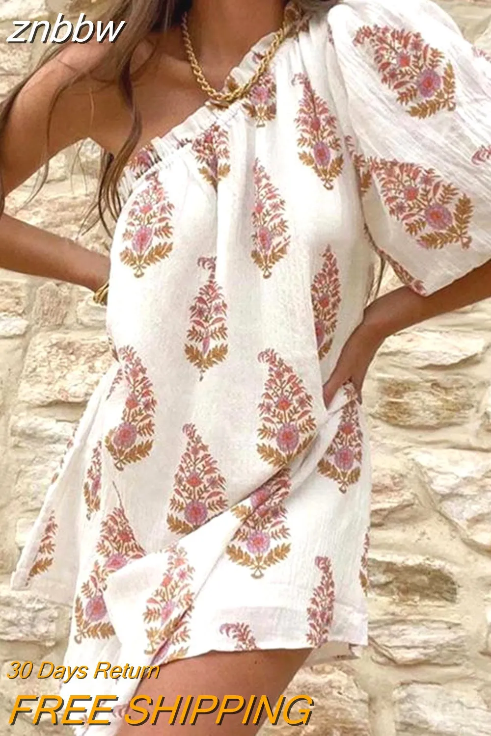 znbbw Women Casual Party Mini Dress Summer Diagonal Collar Off Shoulder Beach Dress 2023 New Irregular Backless Printed Holiday Dress