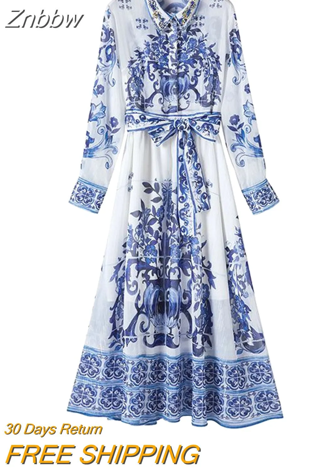 Znbbw Summer Sliver Blue And White Porcelain Chiffon Dress Women Beading Lapel Lantern Sleeve Bow Sashes Elegant Long Dress