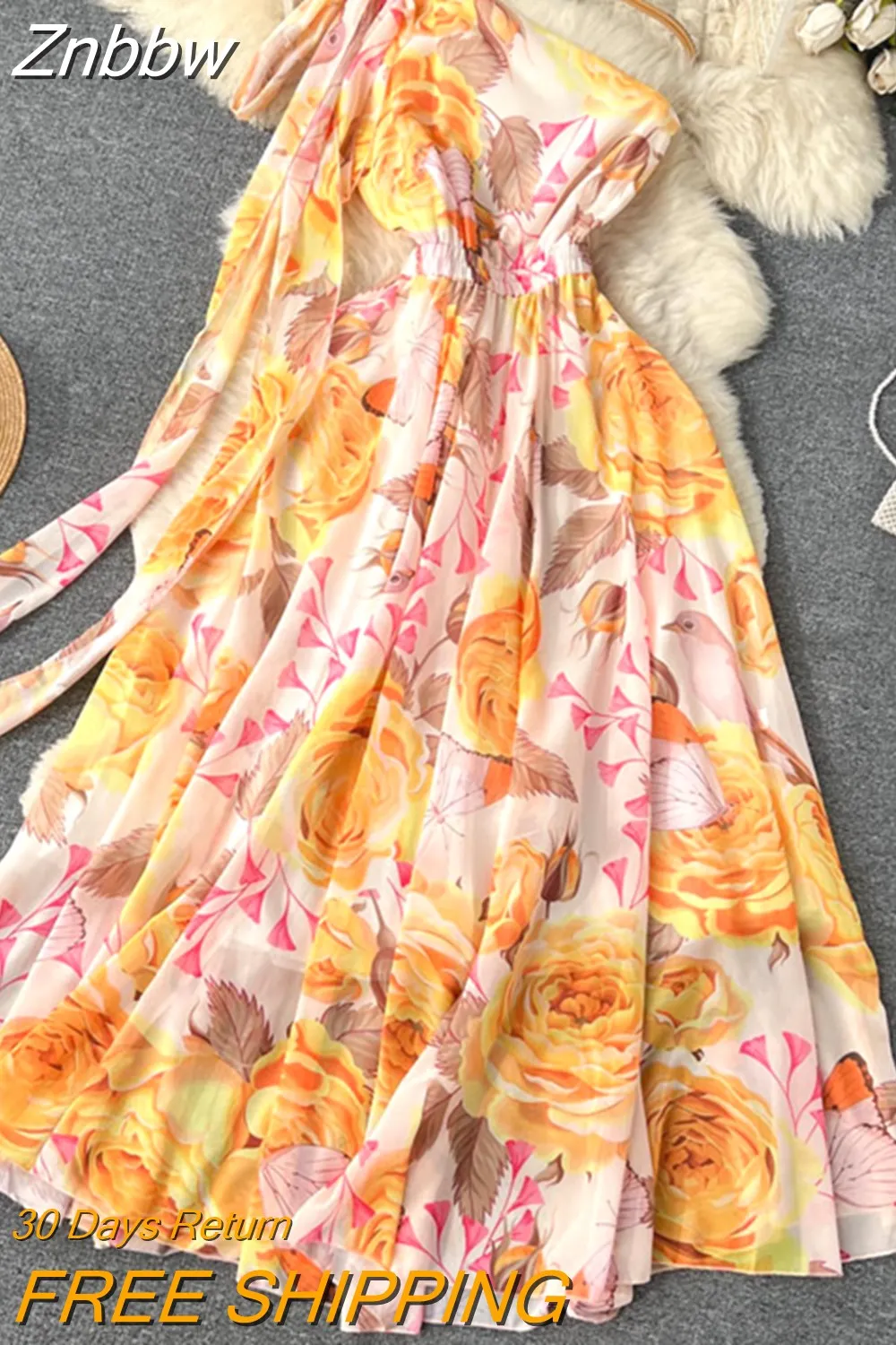 Znbbw Oblique Chiffon Bohemian Maxi Dress Women's Bow Off One Shoulder Floral Print High Waist Holiday Beach Long Dress