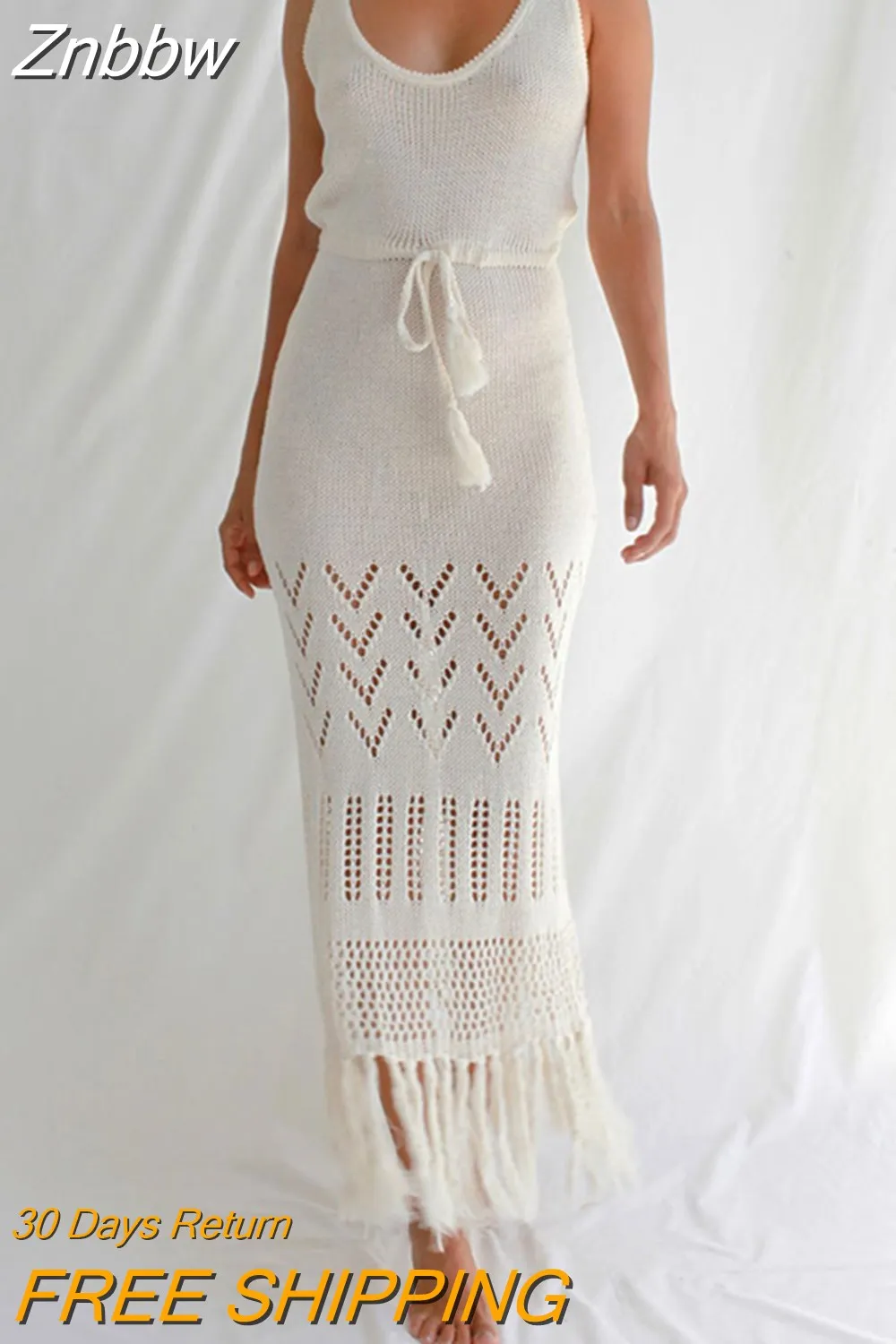 Znbbw Kintted Sexy Bodycon Dress for Women 2023 Summer Sleeveless White Club Party Long Dress Crochet Bikini Cover Up