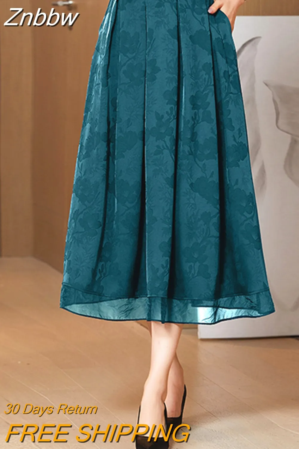 Znbbw Summer Fashion Jacquard Silk Skirts Women High Elastic Waist Pleated A-Line Long Skirt Female Casual Skirts Faldas Mujer