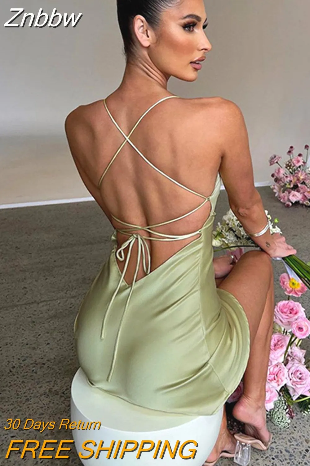 Znbbw Backless Cross Bandage Party Mini Dress Women Sexy Sleeveless Low Cut Sling Short Club Dress Evening Street Vestidos
