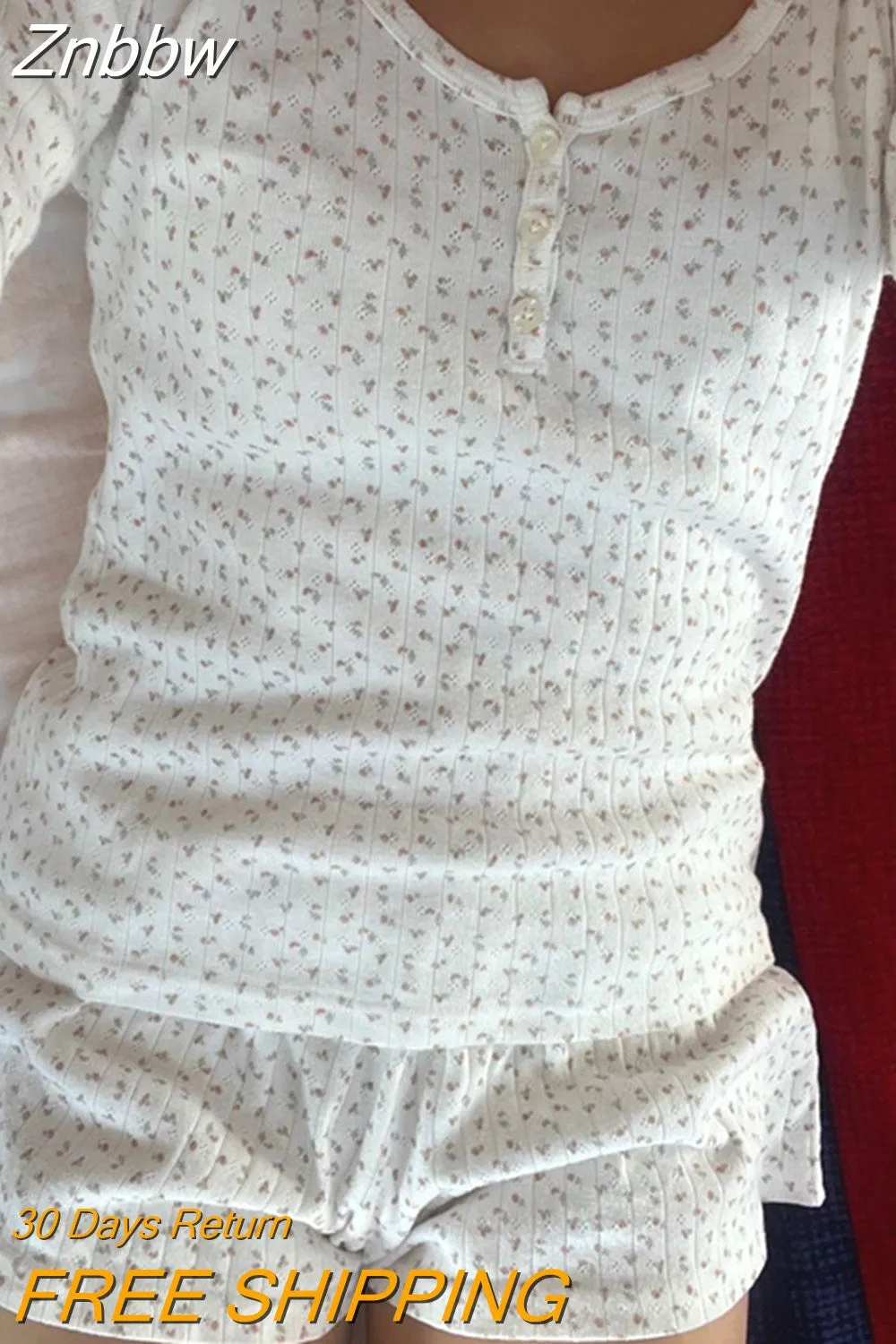 Znbbw Floral 2 Piece Set y2k Fairy Cottage Button O Neck Long Sleeve T-shirt + Shorts 90s Kawaii Lounge Matching Suits 0410