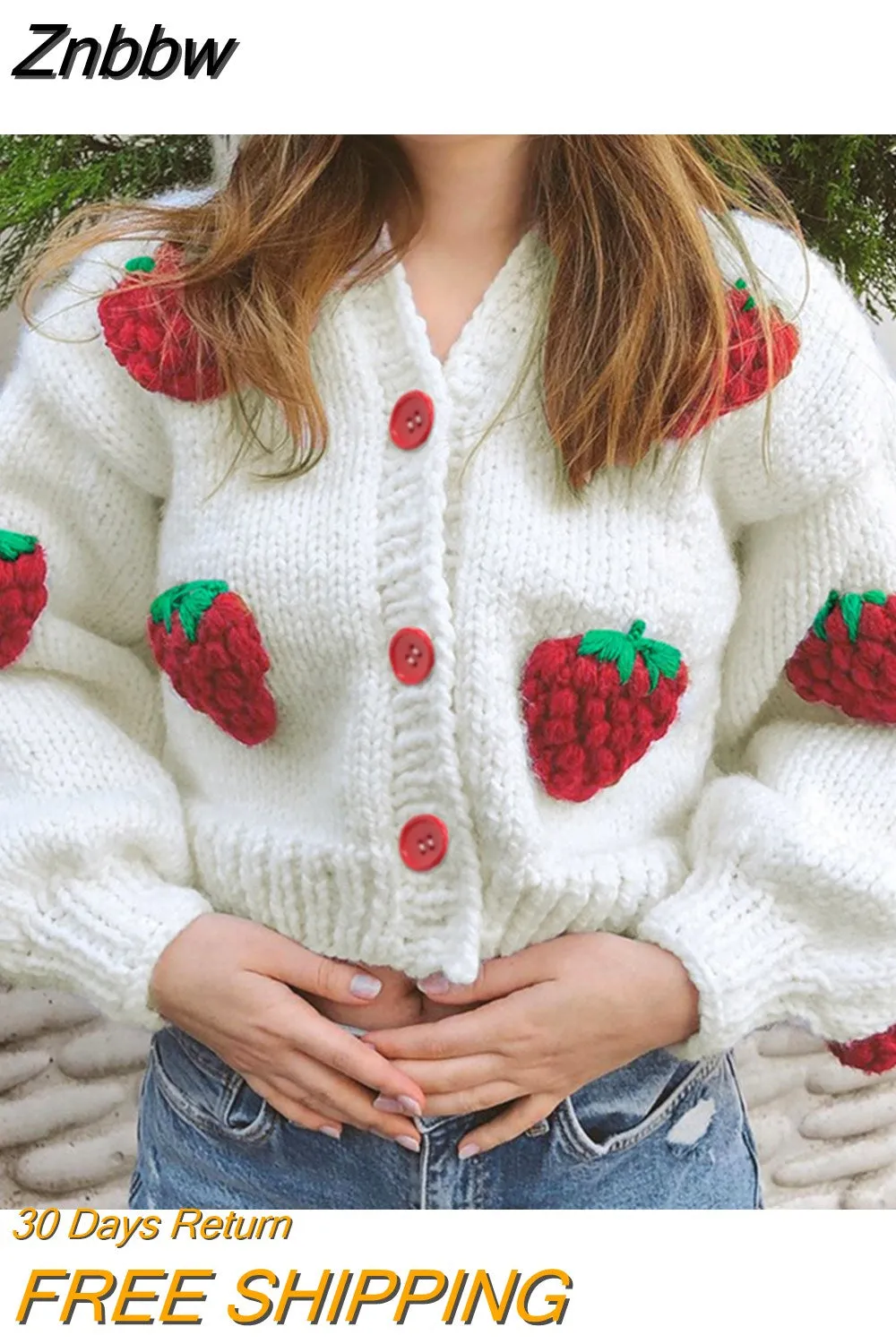 Znbbw Fashion Elegant Cute Print Strawberry Single Breasted Sweater Women Autumn Thicken Warm Cardigan Sweater Streetwear