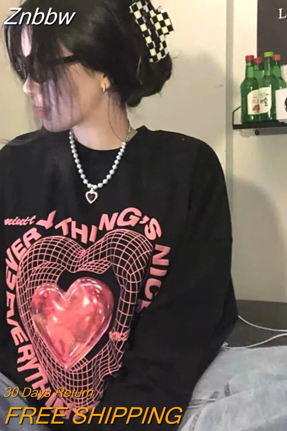 Znbbw Gothic Streetwear Oversized Graphic T Shirts Women Harajuku Punk Heart Letter Print Tees Long Sleeve Loose Tops Hip Hop