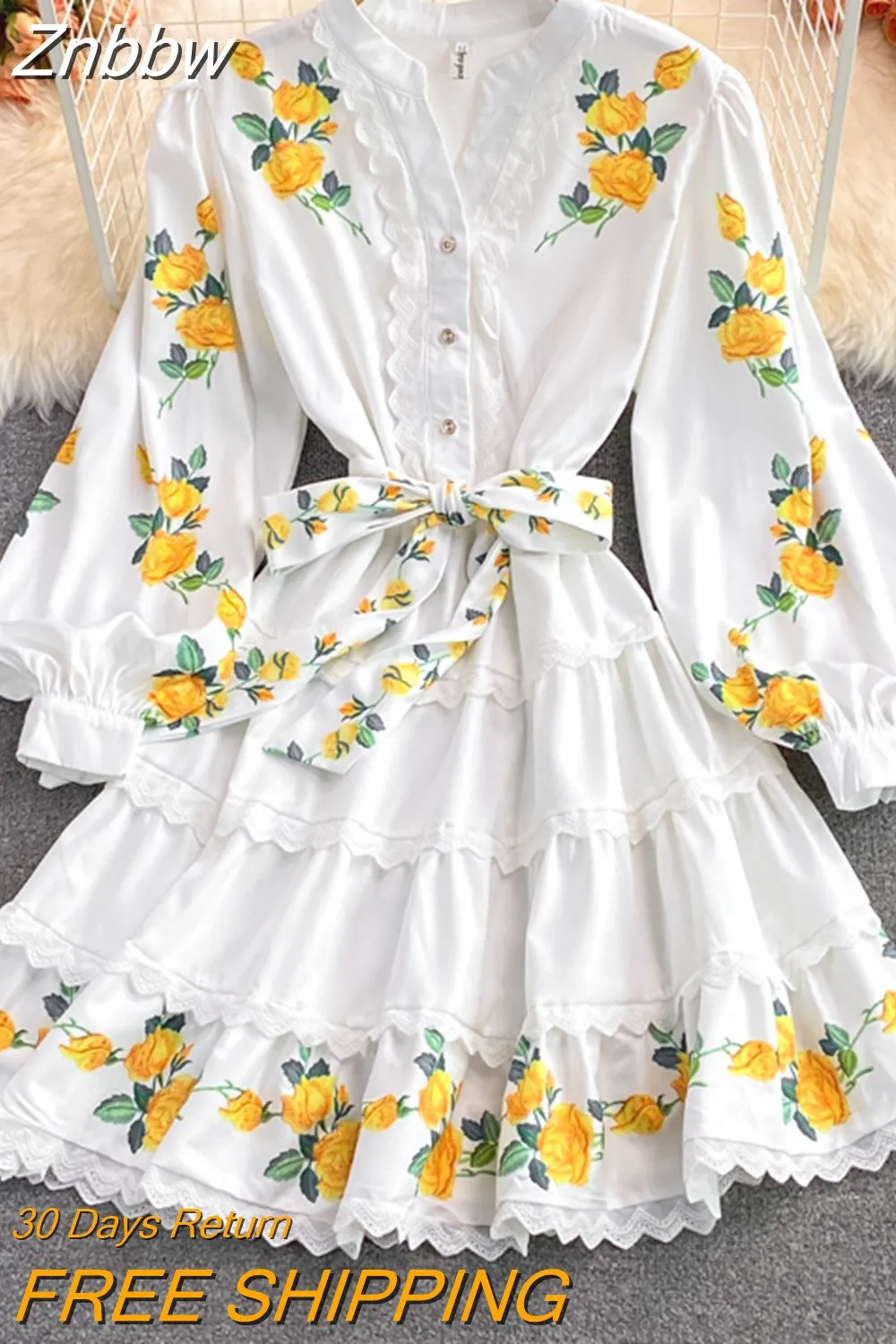 Znbbw Summer Runway Beach Dress Women V-Neck Lantern Sleeve Lace up Belt Lace Trim Mini Dress Jurken Dames 2023 N5653