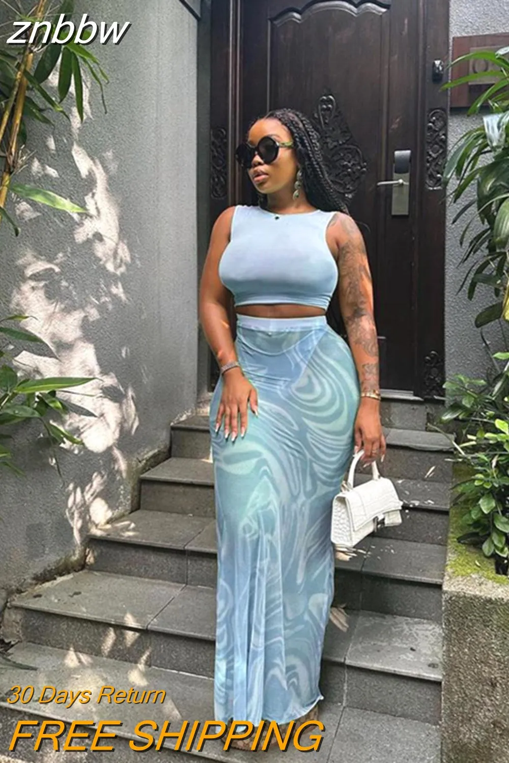 znbbw Sexy Mesh See Through Print Three Piece Skirt Set Club Outfit For Women 2023 Summer Fashion Sleeveless Crop Top Skirtset