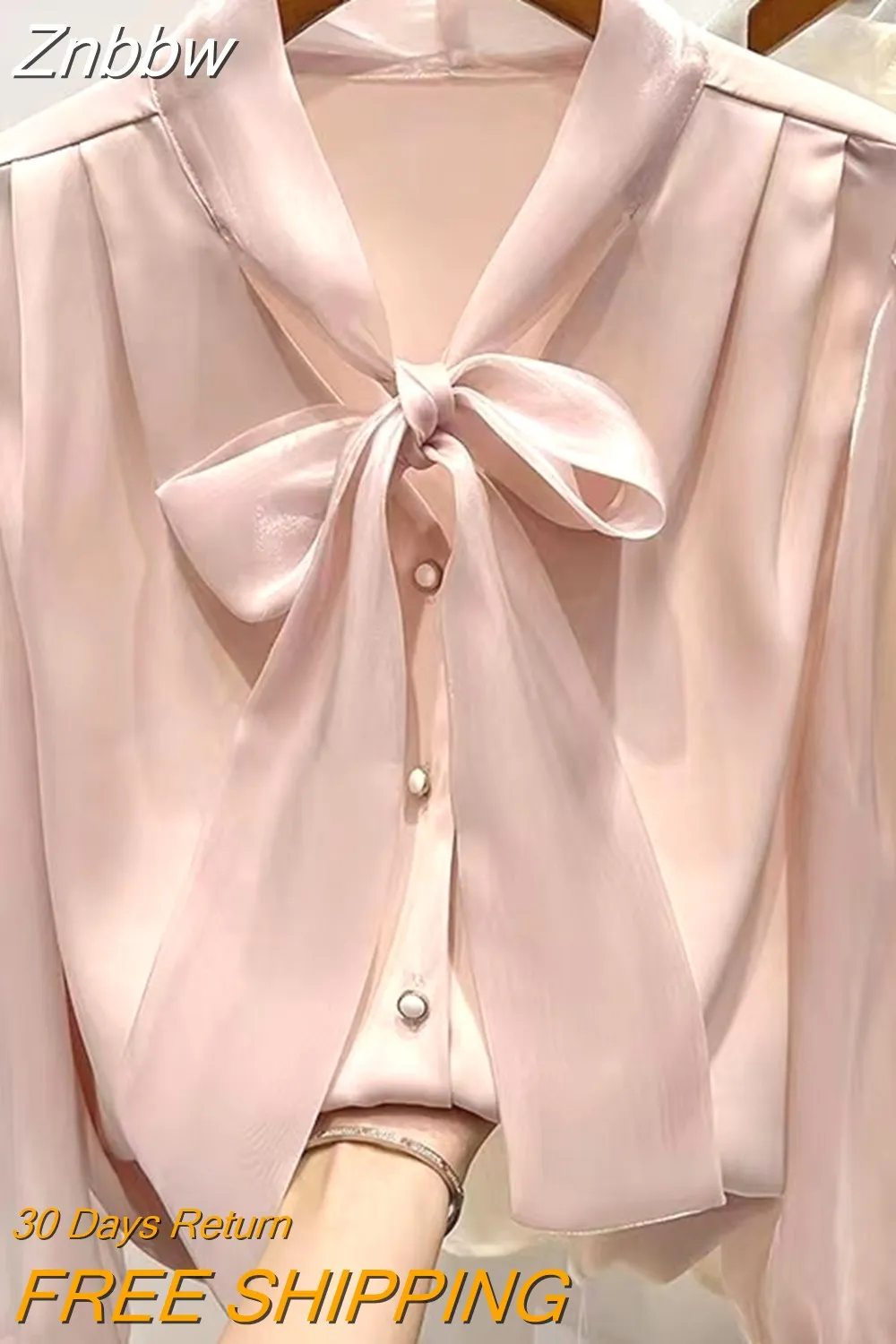 Znbbw Fashion Bow Collar Pink White Chiffon Blouse Shirt Women Tops Shirts Blusas Mujer De Moda 2023 Long Sleeve Blouse Women G795