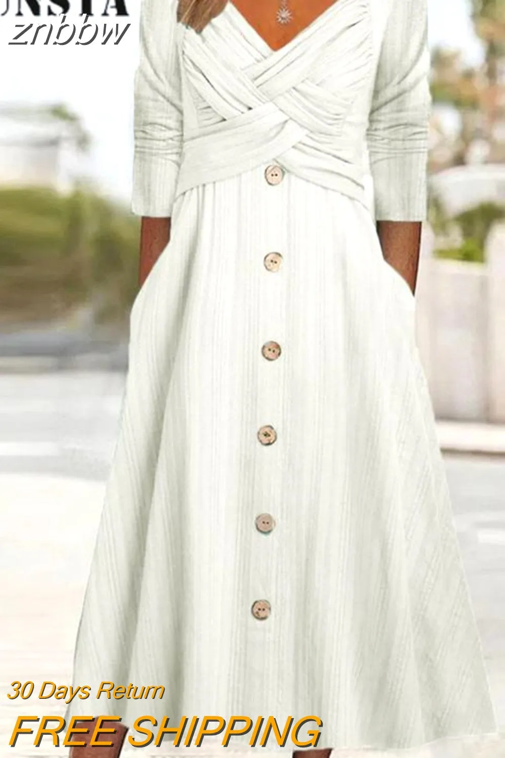 znbbw Harajuku Button Female Casual Dress Fashion Pocket Loose Dress Vestidos Women Cross V-Neck Long Sleeve Solid Color Dress