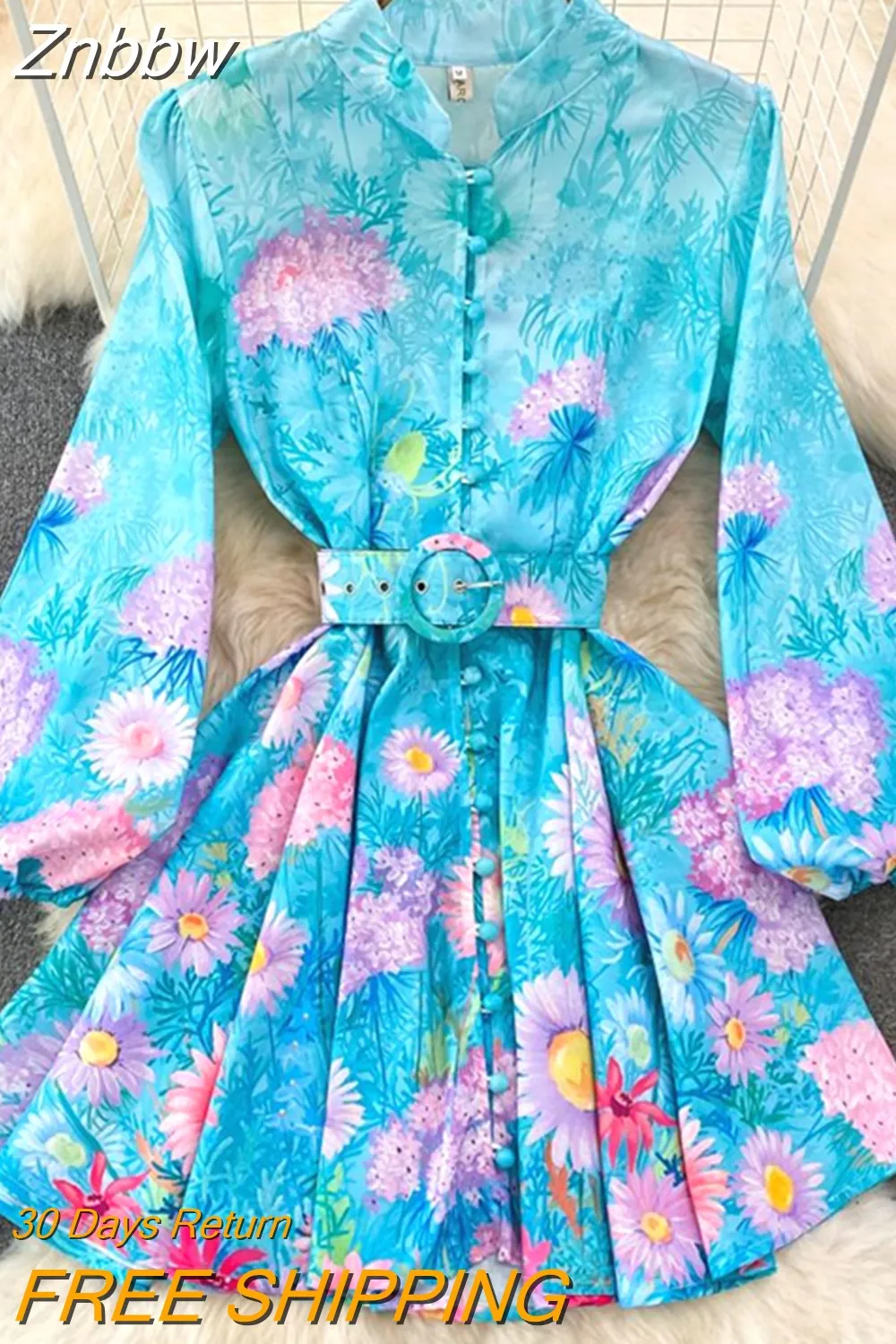 Znbbw 2023 Spring Summer Holiday Beach Dress Women's Stand Collar Lantern Sleeve Chic Floral Print Belt A-Line Short Vestidos