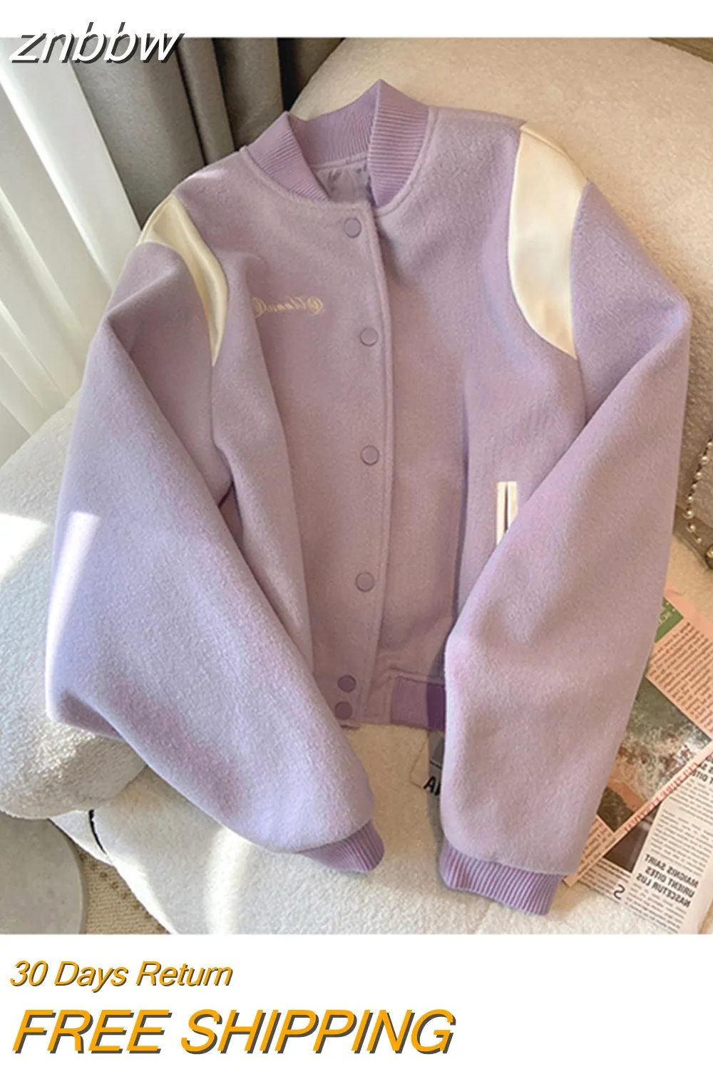 znbbw New Style Korean Fashion Women's Purple Baseball Uniform Autumn Thickening Retro Loose Jacket Short Coat Tops Y2K Clothes