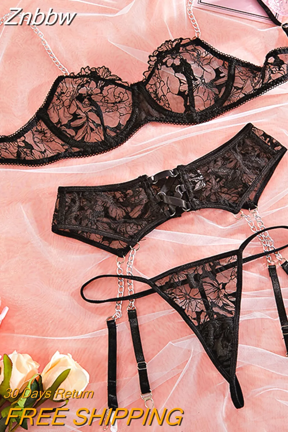 Znbbw Sexy Lingerie Transparent Women's Underwear Panties Set 4-Pieces Hot Thong Fancy Luxury Lace Erotic Outfits