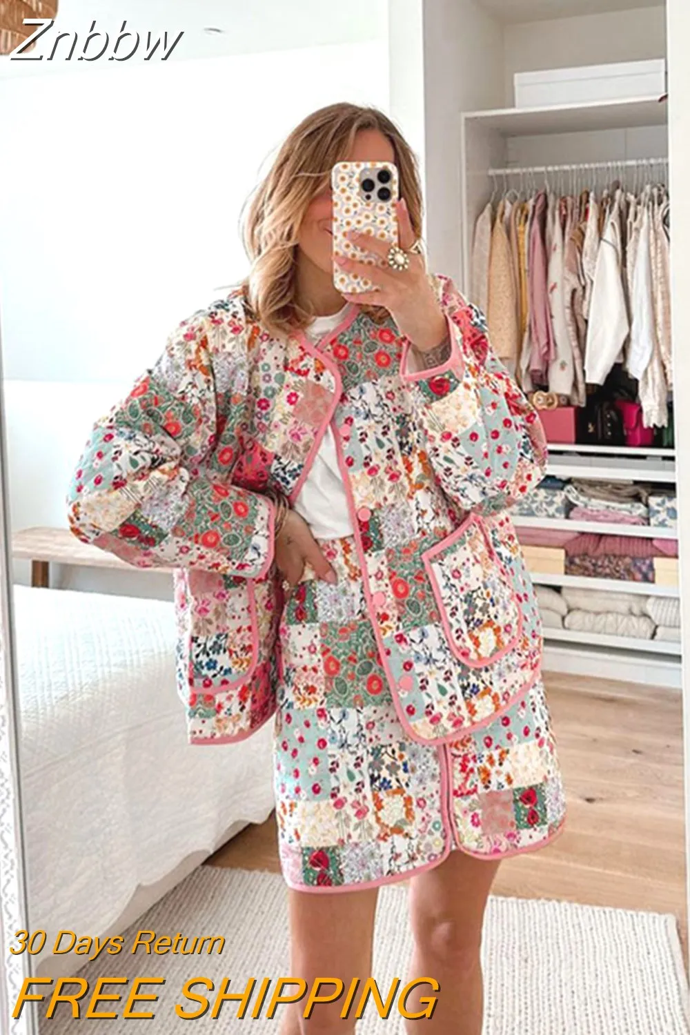 Znbbw Patchwork Cotton Jackets Mini Skirt Suit For Woman 2023 Autumn Thicken Warmth Short Coats Set Female Printed Streetwear