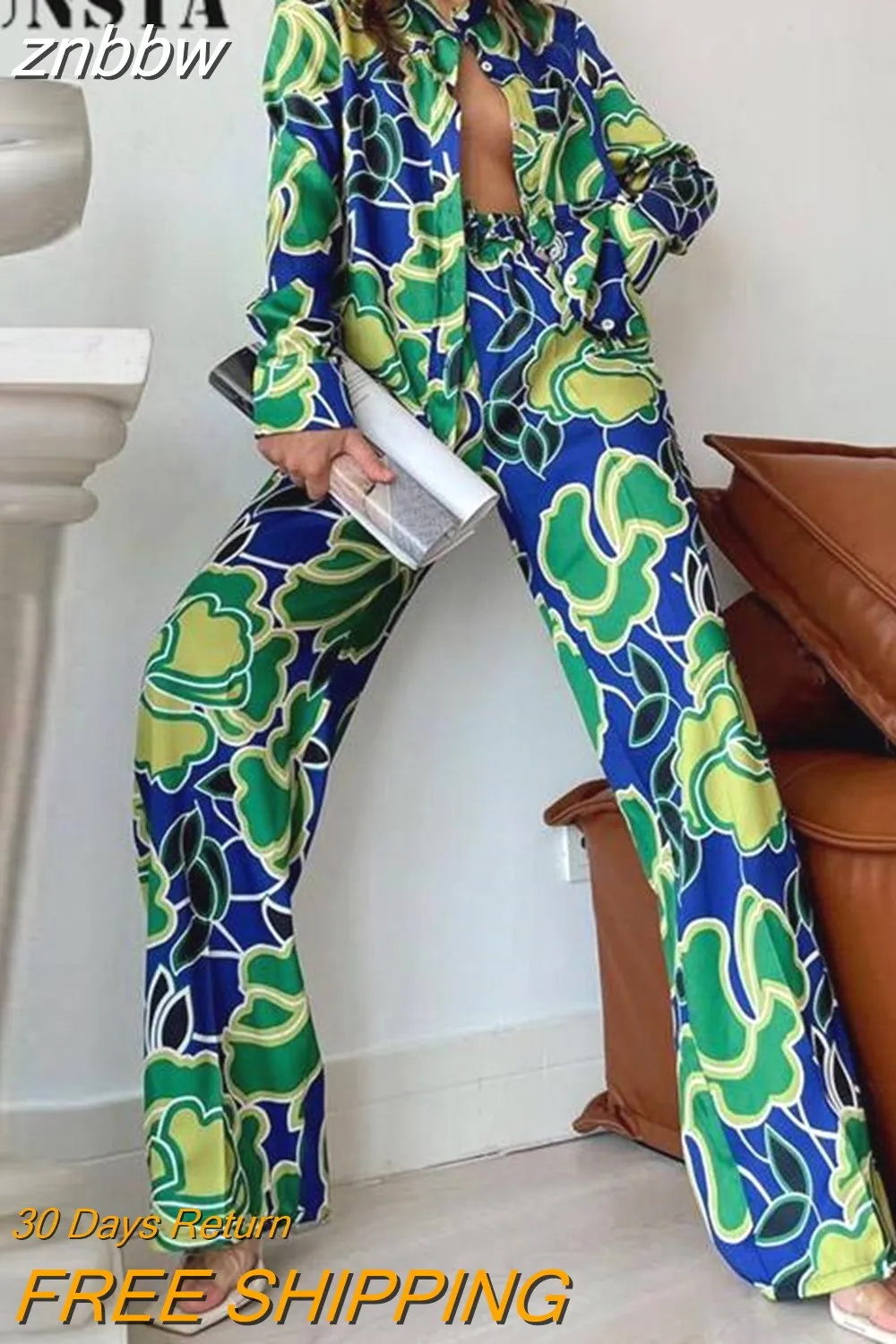 znbbw Fashion Print Women Outfits 2023 Summer High Street Shirt Two Piece Sets Vintage New Pattern Blouses + Long Pants Suits