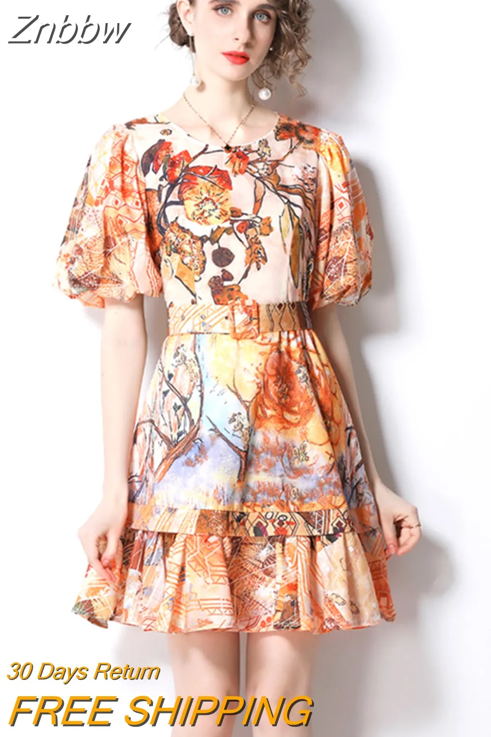 Znbbw Floral Print Dress 2023 Summer Women Round Neck Puff Sleeve Vintage Sashes Above Knee Mini Runway Dress Robe N6691