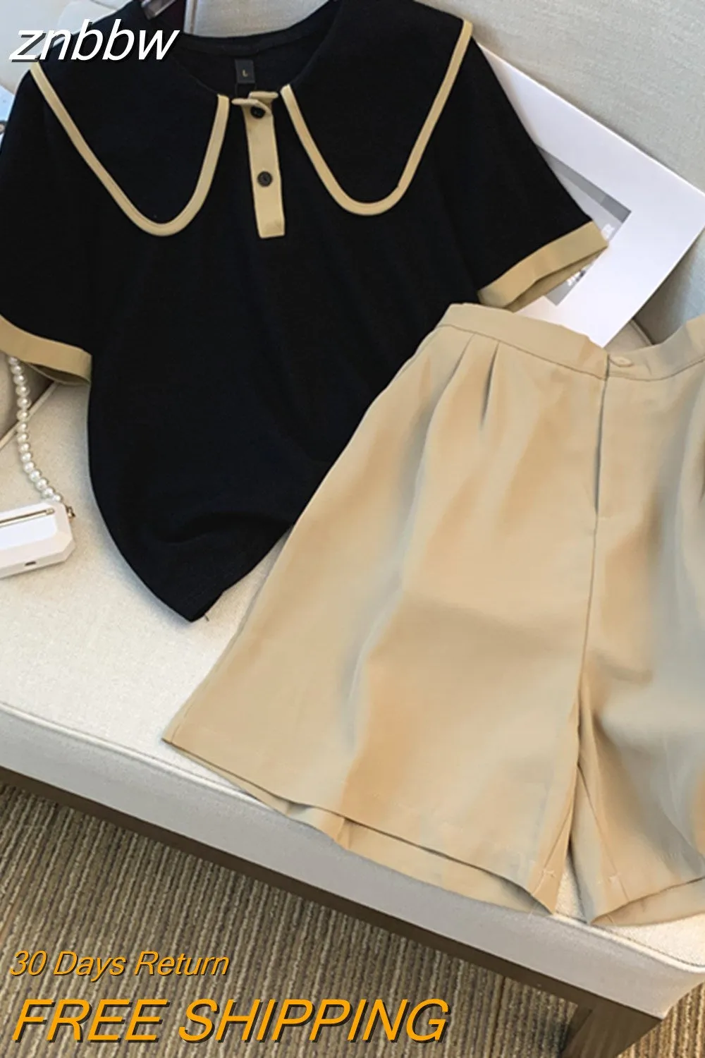 znbbw Summer Casual Patchwork Two-piece Set Women Short Sleeve Peter pan Collar Top + Shorts Vintage 2 Piece Shorts Set Outfits
