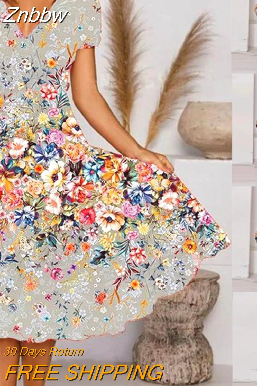 Znbbw Dresses Woman 2023 V-Neck Floral Printed Boho Dresses Summer Short Sleeve Loose Retro A-Line Plus Size Female Dress Robe