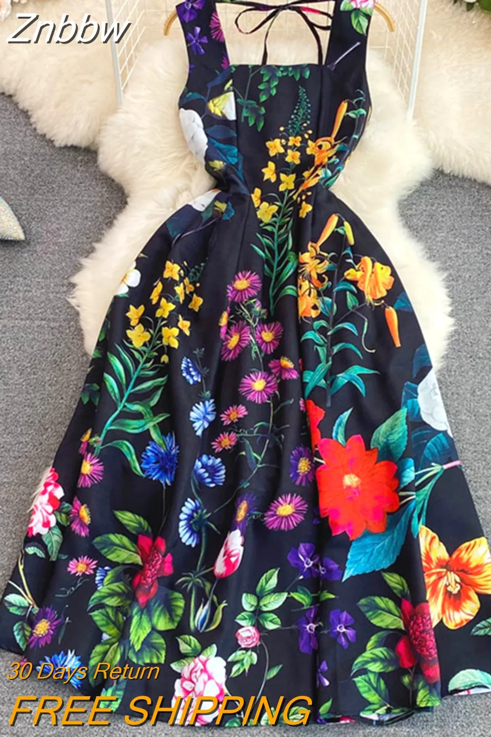 Znbbw High Waist Spaghetti Strap Dress for Women Slash Neck Off Shoulder Bow Backless Floral Print Midi Long Party Vestidos