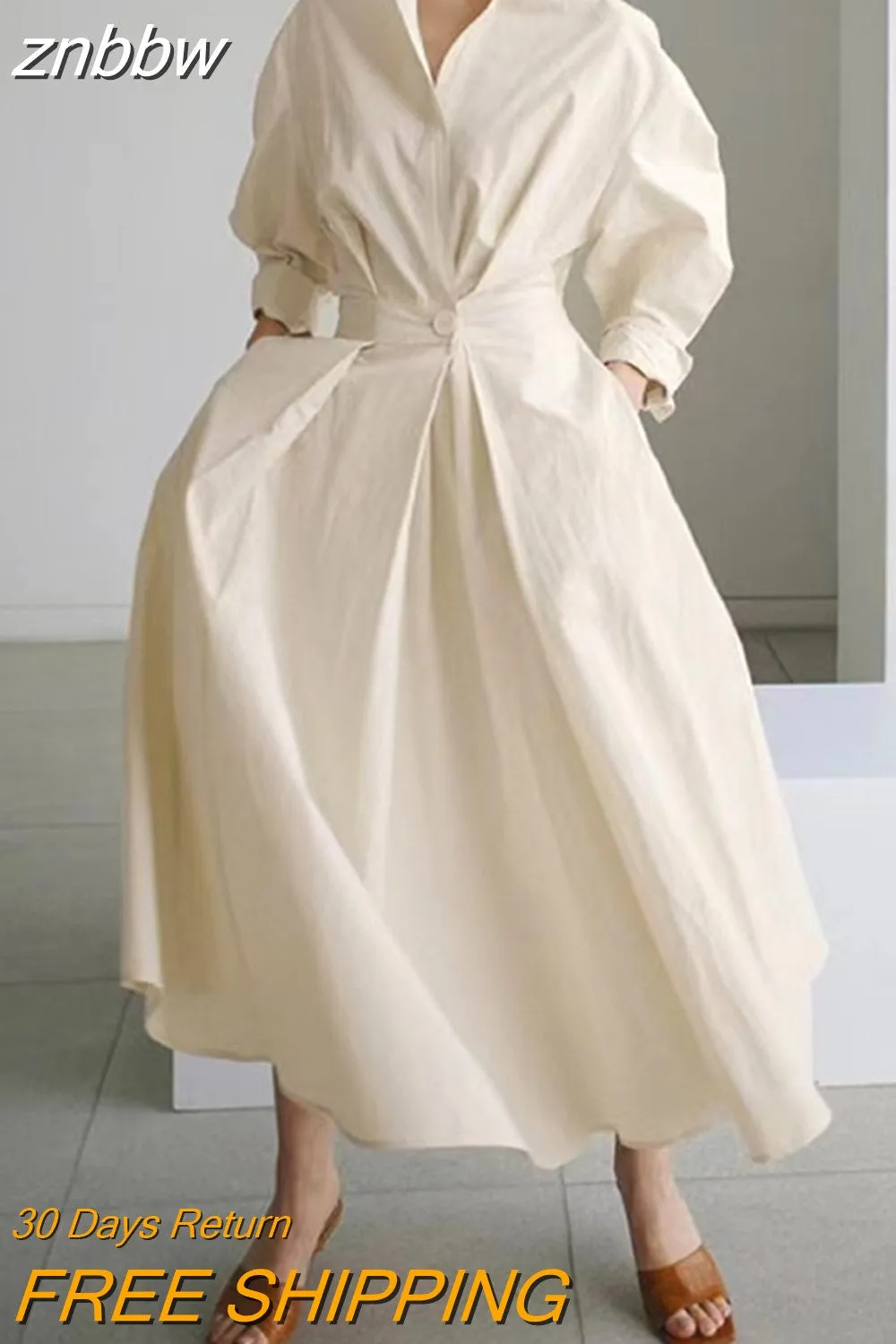 znbbw New Oversized Elegant Women Spring Sundress Fashion Lapel Neck Long Sleeve Solid Long Shirt Dress OL Vestidos Robe Femme