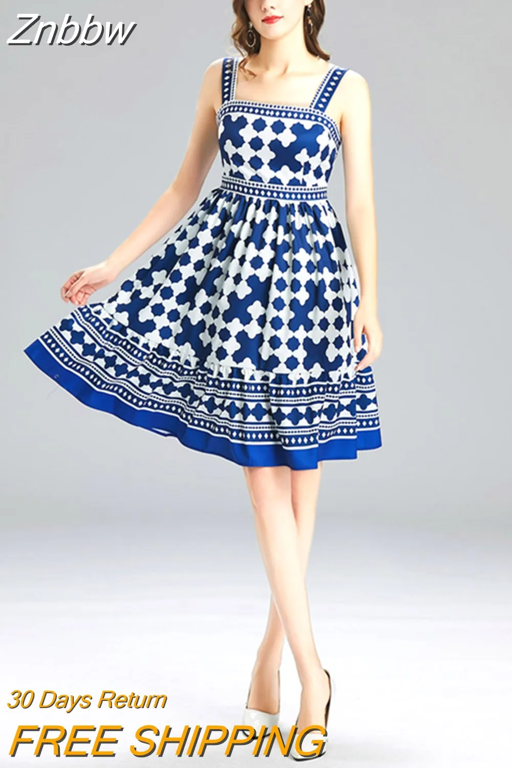 Znbbw Summer Runway Fashion Sicilian Spaghetti Strap Dress Women Retro Printing Colorful Knee Suspender Camisole Dress