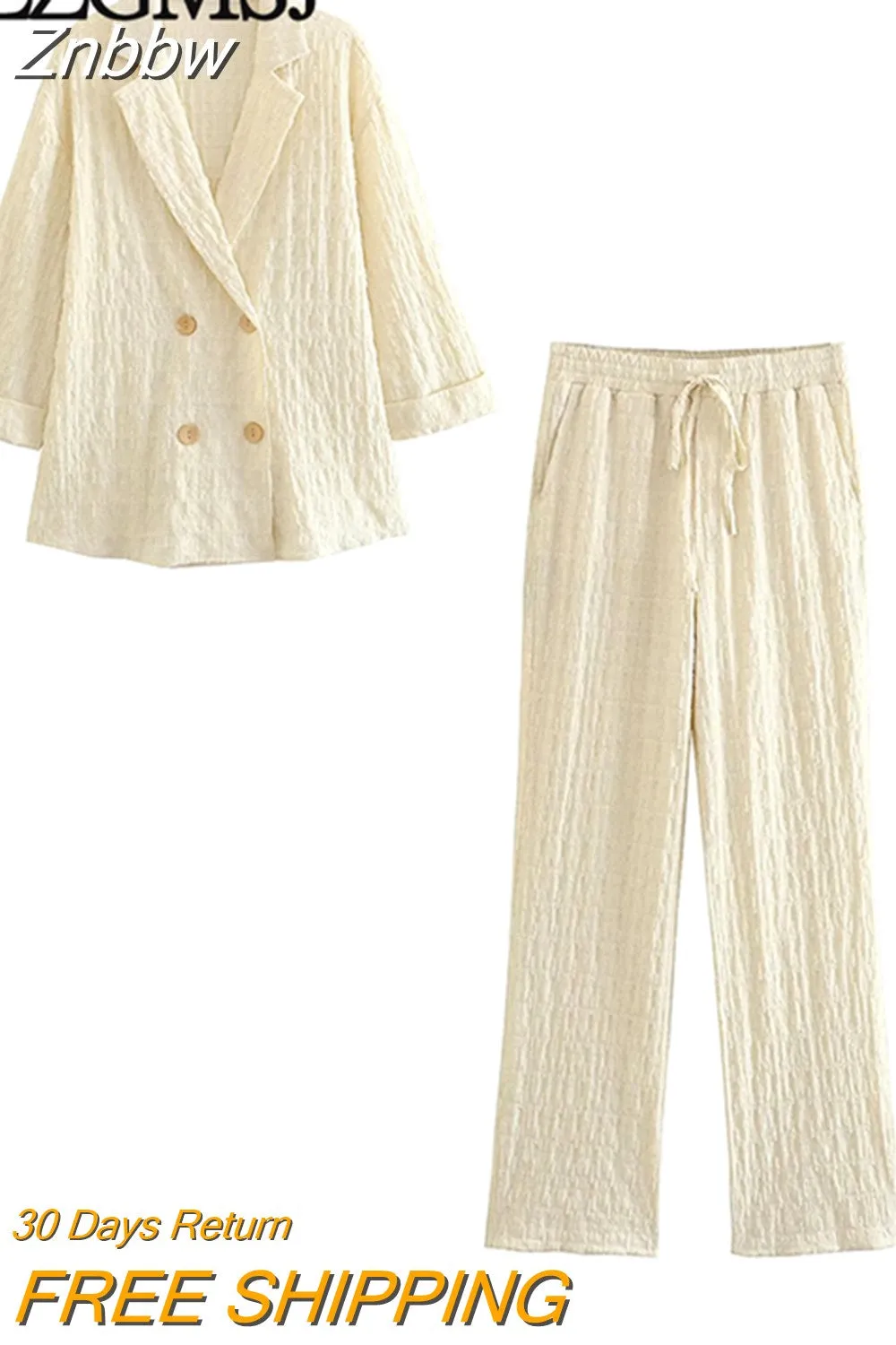 Znbbw TRAF Pleated Blazer Suits For Women 2023 Female Solid Office Lady Commute Coat Drawstring Straight Pants Sets